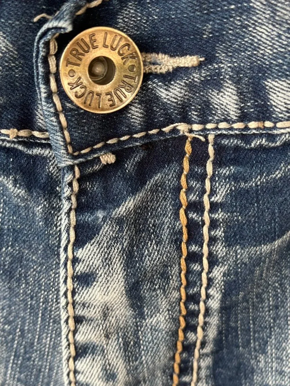 True Luck Mens Jeans Thick Stitch Denim Faded Wash Straight Leg Everyday 36x30